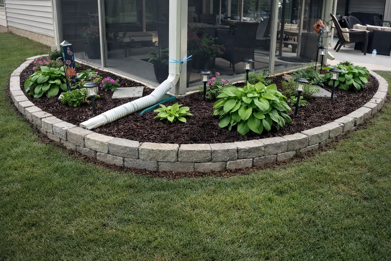 Curved backyard bed around screened patio with hostas, mulch, and stone edging