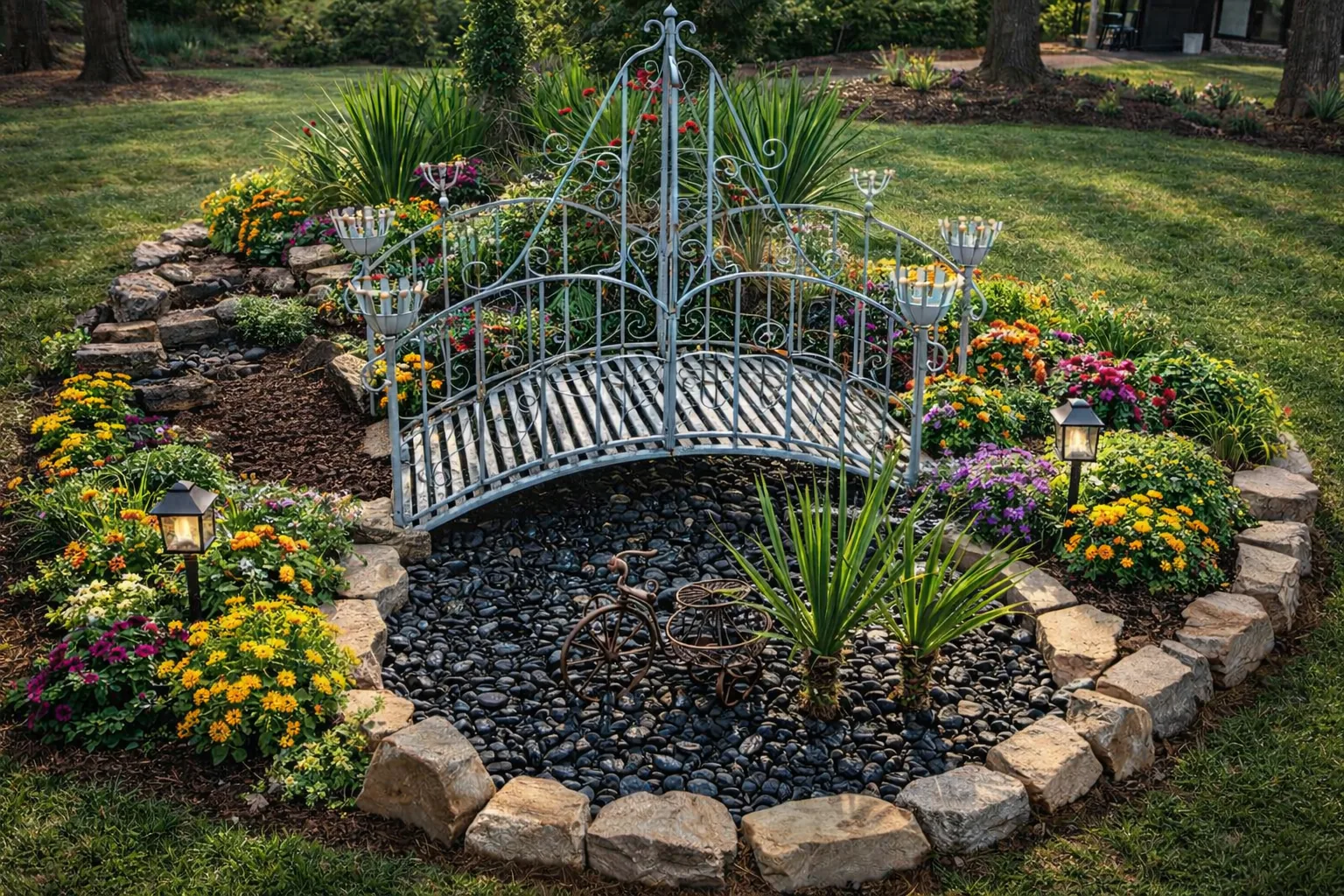 Decorative landscape island with stone border, dry creek rock base, and flowering plants