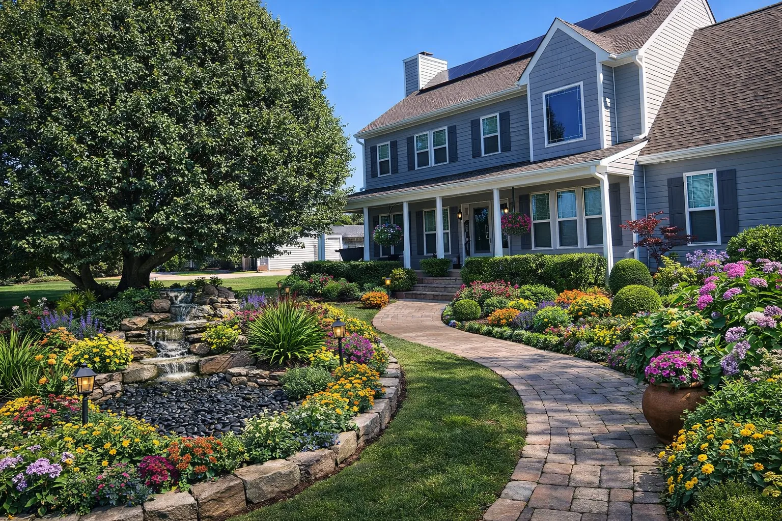 Front landscape redesign with curved paver walkway, waterfall feature, and colorful plantings
