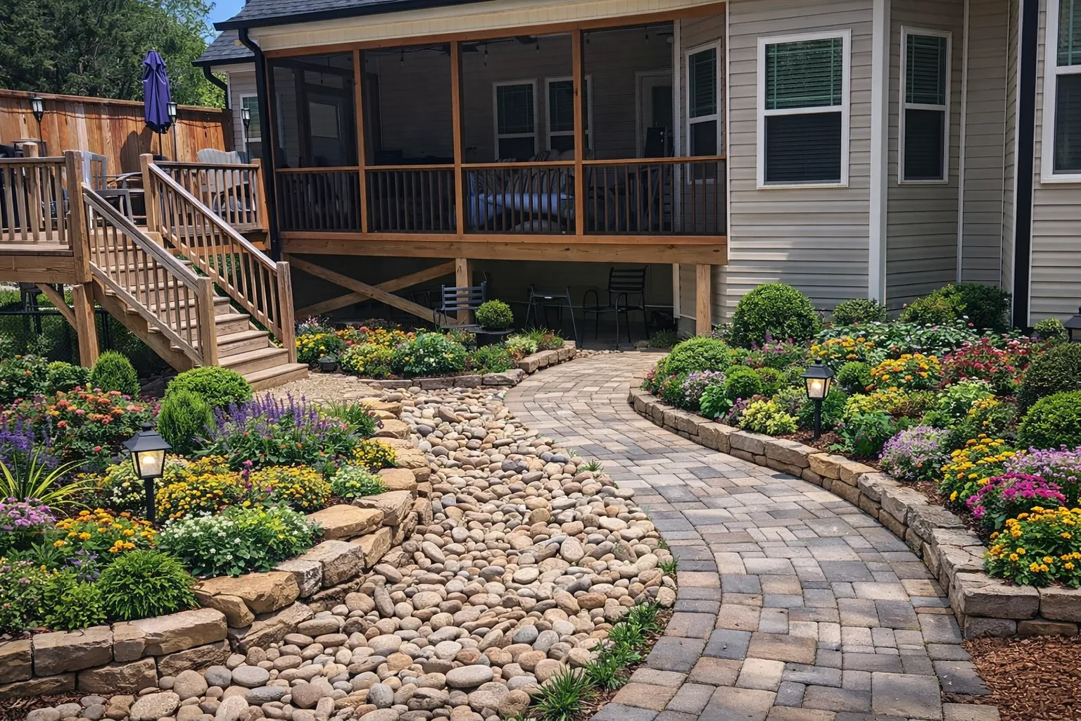 Backyard hardscape path with dry creek drainage and planted retaining beds