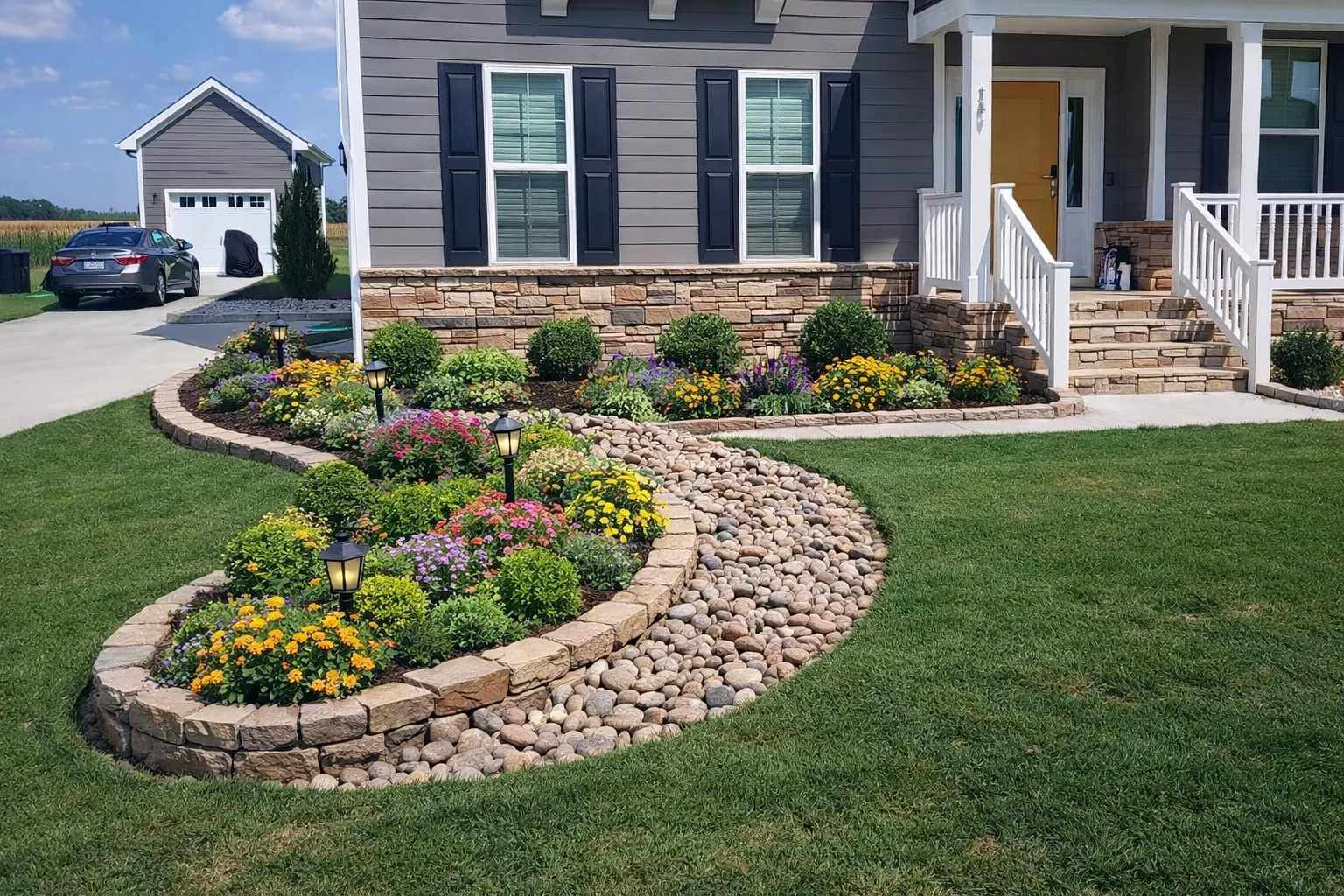 Foundation bed renovation with stone border, evergreen shrubs, flowers, and path lights