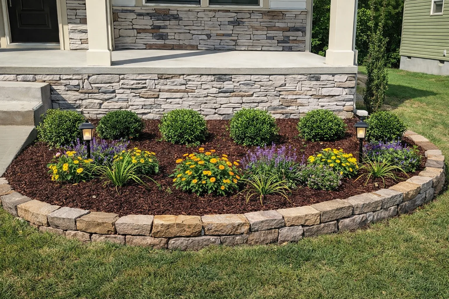 Long perimeter planting bed with stone edging and mixed flowering shrubs