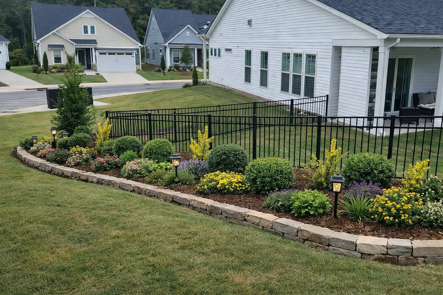 Backyard border bed with low retaining wall, flowering plants, and landscape lighting