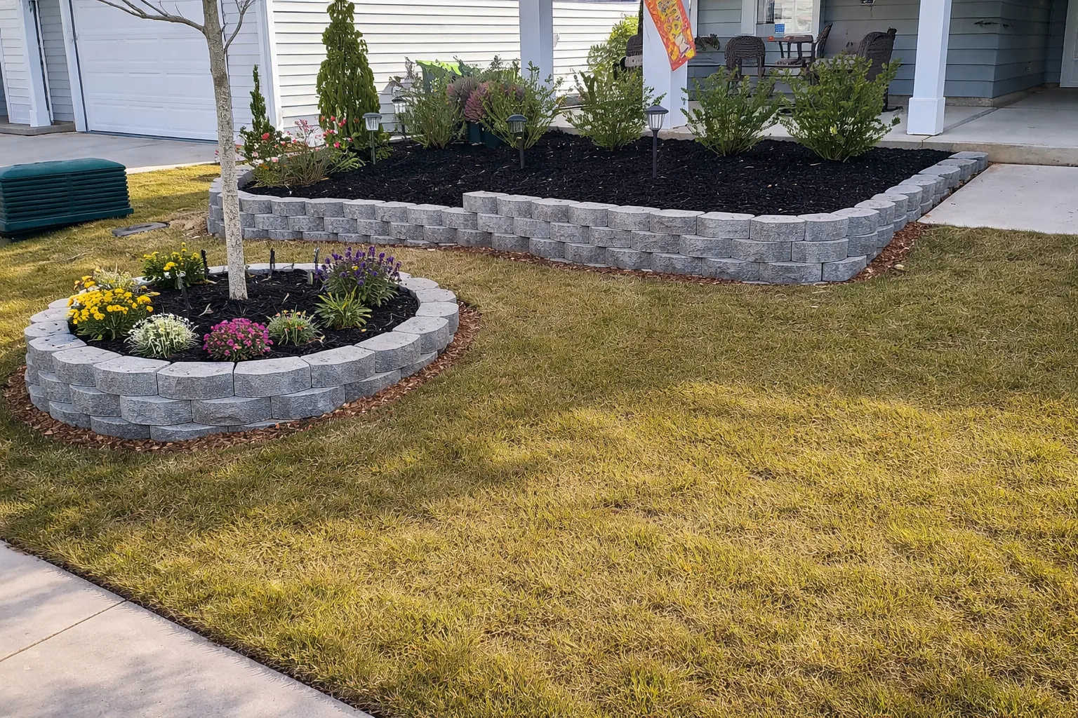Front-yard upgrade with raised block beds, mulch, flowers, and pathway lights